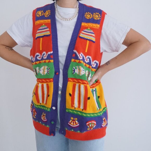 Vintage Star Blue Red Knit Beach Fish Sea Ocean Button Cardigan Sweater Vest L - Picture 1 of 12